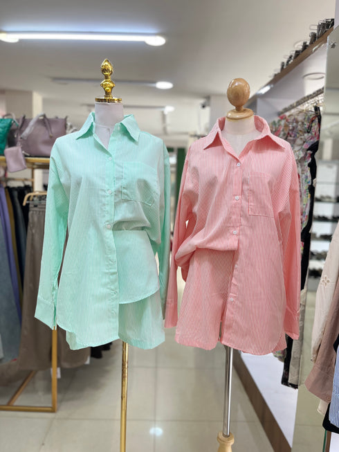 Casual Collar Down Stripes Shirts With Short Sets